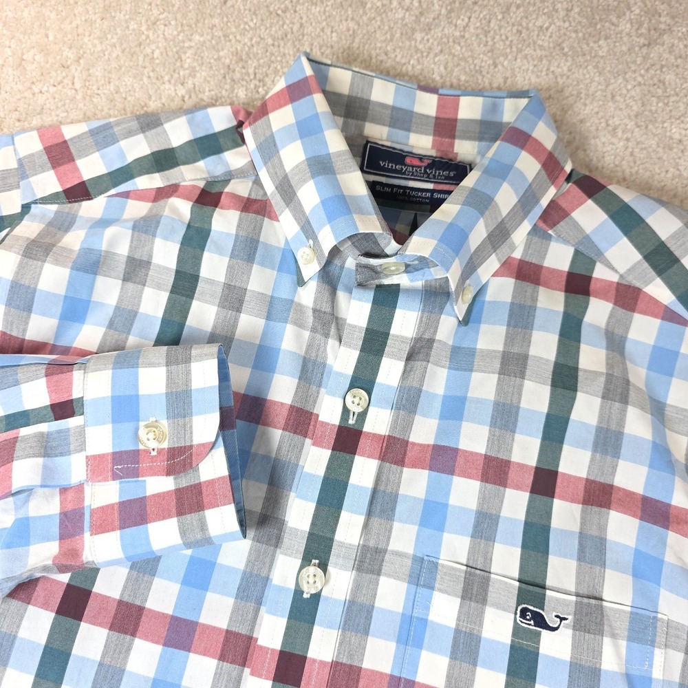 Vineyard Vines Tucker Shirt Mens S‎ White Blue Plaid Slim Fit Button Down Logo
